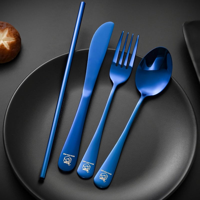 Boulder Bee | Travel Utensils Set | Reusable Camping Cutlery Set | Stainless Steel Flatware Set | Portable Silverware Set with Case | Includes Knife/Fork/Spoon/Straw/Cleaning Cloth/Case (Blue) - Image 4